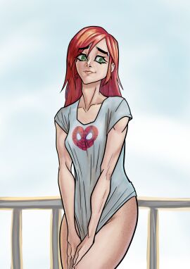 1girls female marvel marvel_comics mary_jane_watson partially_clothed red_hair rot_seraph shirt spider-man_(series)