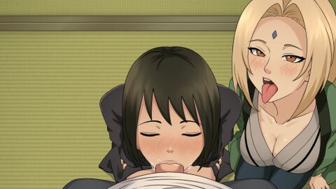 1boy 2girls ass big_breasts big_penis black_eyes black_hair blonde_hair blowjob blush breasts breasts_out brown_eyes clothed_sex collaborative_fellatio dinaki erect_penis faceless_male fellatio female female_focus ffm ffm_threesome huge_breasts large_breasts licking_penis male male_pov multiple_females multiple_girls naruto naruto_(series) naruto_shippuden oral_sex partial_male penis pov shizune sucking_penis sweat teacher_and_student teamwork threesome tsunade uncensored voluptuous voluptuous_female