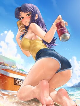 1girls bangs bare_shoulders beach beer blush breasts brown_eyes exposed_breasts female female_only fully_clothed long_hair looking_at_viewer misato_katsuragi necklace neon_genesis_evangelion nipples no_bra parted_bangs pendant purple_hair smile solo