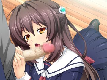 1boy blue_shirt blue_skirt bow brown_eyes brown_hair censored dress fellatio female game_cg grey_shirt hair_between_eyes hair_intakes hair_ornament half_updo imminent_fellatio inoino katsuragi_marina kneeling kouyoku_senki_exs-tia licking licking_penis long_hair long_sleeves male miniskirt mosaic_censoring neckerchief non-web_source official_art open_mouth oral penis pleated_skirt red_bow red_neckerchief sailor_collar sailor_dress school_uniform serafuku shirt skirt solo_focus straight tongue tongue_out variant_set very_long_hair white_sailor_collar wooden_floor yellow_eyes