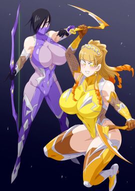 2girls alluring big_breasts bodysuit breasts female holding_weapons kanisuka_rita leotard ohsama_sentai_king-ohger otokam1117 pin_up ran_himeno super_sentai taimanin_(series) taimanin_suit thighhigh_boots