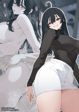 bangs big_breasts black_hair breasts brown_eyes heart jjune large_breasts light-skinned_female light-skinned_male naked naked_female nude nude_female sex skirt tagme turtleneck