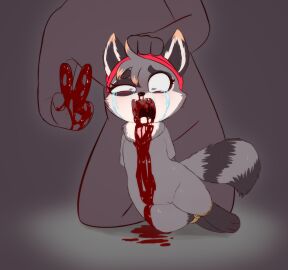 3_toes 4_fingers absurd_res anthro bodily_fluids bound columbian_necktie cruelty cute_fangs duo dying e254e faceless_character faceless_male fangs feet female fingers flat_chested genitals gesture gore hand_gesture helpless hi_res imminent_death killing male mammal markings miko's_trash_can pear-shaped_figure pointy_ears prick_ears procyonid raccoon ring_(marking) ringed_tail ryona screaming slit_throat striped_markings striped_tail stripes tail tail_markings teeth toes v_sign vulva wide_hips