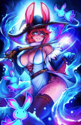1girls 2d 2d_(artwork) artist_name aura aurora_(league_of_legends) blue_eyes braid breasts cleavage dress energy female female_only freckles glasses glowing_eyes highres iahfy large_breasts league_of_legends light-skinned_female light_skin magic orange_hair questionable rabbit rabbit_ears rabbit_girl rabbit_humanoid round_glasses solo stockings thick_thighs thighhighs wand watermark witch_hat