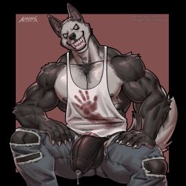 1:1 1boy 2024 amon-sydonai anthro anthrofied areola bara biceps big_bulge big_muscles black_border bodily_fluids body_hair border bottomwear bulge canid canine canis chest_hair claws clothing creepy creepy_face creepy_smile creepypasta deltoids demon denim denim_bottomwear denim_clothing detailed_bulge domestic_dog dripping english_text fur genital_fluids genital_outline genitals hand_print hi_res huge_bulge huge_muscles humanoid_genitalia humanoid_penis husky jeans looking_at_viewer male mammal muscles muscular muscular_anthro muscular_male nipples nordic_sled_dog obliques pants patreon pecs penis penis_base penis_outline precum precum_drip precum_through_clothing precum_through_thong precum_through_underwear red_background serratus sharp_teeth shirt signature simple_background sitting smile smile.dog solo spitz tank_top teeth text thick_thighs thong topwear torn_bottomwear torn_clothing torn_jeans torn_pants tuft underwear unzipped url wet wet_clothing yaoi zipper