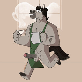 1:1 anthro arm_hair balls barely_visible_nipples barrista beverage biped black_hair body_hair chest_hair cloven_hooves coffee coffee_cup container cup equid equine erection foreskin fur genitals glans grey_body grey_fur hair hi_res hooved_plantigrade hooved_toes hooves horse hot_drink humanoid_genitalia humanoid_penis leg_hair male male_anthro mammal muscular muscular_male nardodraws navel nipples partially_retracted_foreskin penis pitcher plantigrade pubic_stubble retracted_foreskin running simple_background smile solo steam uncircumcised window