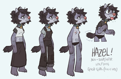 1girls 2024 anthro black_hair breasts canid character_name character_sheet collar covered_in_tattoos dirt-secret dog_girl dog_nose female female_focus female_only grey_fur midriff midriff_baring_shirt nipples original original_character overalls panties short_hair short_tail small_breasts solo solo_female solo_focus stick_and_poke_tattoo tail tattoo topless wolf_girl