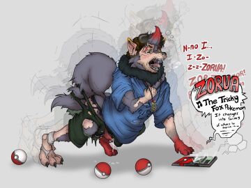 all_fours balls bodily_fluids canid canine claws clothed clothing dialogue drooling english_text erection eyewear eyewear_on_head feral fur fur_growth generation_5_pokemon genital_fluids genitals growth human jewelry kitsunedark leaking_precum loss_of_speech male mammal mid-transformation necklace nintendo open_mouth partially_clothed penis pokeball pokedex pokemon pokemon_(species) pokemon_speak precum saliva sharp_teeth shrinking size_transformation snout snout_growth solo speech_bubble sunglasses sunglasses_on_head tail tail_growth teeth text tongue torn_clothing transformation zorua