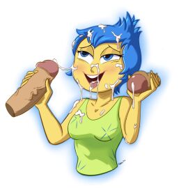 1girls alternate_version_available blue_eyes blue_hair breasts cum cum_in_mouth cum_on_body cum_on_breasts cum_on_face cum_on_hair disney double_handjob dress faceless_character faceless_male female female_only handjob holding holding_penis inside_out inside_out_2 joy_(inside_out) male mmf_threesome multiple_boys multiple_males open_mouth penis pixar short-haired_female short_hair solo solo_female solo_focus stewsspicyblog tagme yellow_body yellow_skin