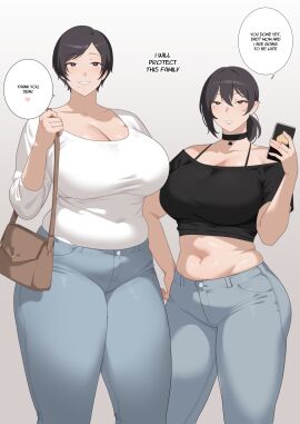 2girls [sora]_buranku asian asian_female big_breasts breasts female huge_breasts jeans korean korean_female milf mother mother_and_daughter queen_of_spades soraoraora text