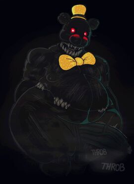 2025 anthro badaboomey balls bear belly belly_mouth big_penis black_background black_body black_fur bow_tie clothed clothing english_description english_text erection eyewear five_nights_at_freddy's five_nights_at_freddy's_4 fur genitals glasses glowing glowing_eyes hat headgear headwear hi_res humanoid_genitalia humanoid_penis male mammal nightmare_(fnaf) nude nude_anthro nude_male ogilenuj open_mouth overweight overweight_male penis rear_view red_eyes round_glasses scottgames sharp_teeth simple_background solo sound_effects standing teeth text thick_thighs topless topless_male vein veiny_penis wide_hips yellow_bow_tie yellow_clothing yellow_hat yellow_headwear