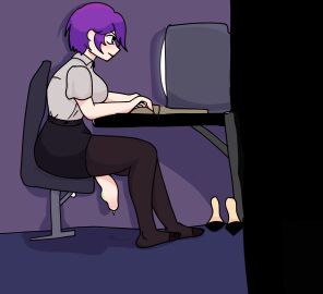 1futa artist_request big_penis body_invasion breasts clothed clothing female flaccid futa_only futanari human intersex light-skinned_futa light_skin mostly_clothed office_lady pantyhose parasite penis purple_hair sitting solo source_request tagme unaware urethral urethral_invasion