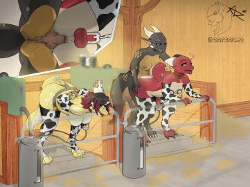 anal anal_sex animal_print anthro azrealm1 balls barn bodily_fluids bondage breast_milking breasts chastity_device collar cow_print cowbell cum errathimal_(zettra_thorn) farm female futa/futa futanari genital_fluids genitals group hi_res intersex intersex/intersex klank_(spark.kobbo) kobold lactating livestock milking_machine penetration penis phenax rope scalie sex trio