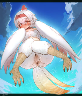 1girls absurdres anchors anchors_(mono_eye_os) anus bird_legs bird_tail blue_sky blush breasts cleft_of_venus closed_mouth cloud commentary_request commission feathered_wings female female_only flying hair_between_eyes hairband harpy highres indie_virtual_youtuber monster_girl pussy pussy_juice pussy_juice_trail red_eyes red_hairband short_hair signature sky small_breasts smile solo solo_female tail talons thank_you virtual_youtuber white_hair winged_arms wings