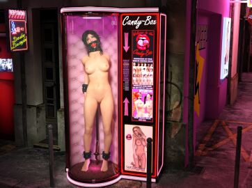 3d ball_gag bondage bound bound_ankles bound_wrists collar completely_nude female full_body gag gagged human lara_croft nude nude_female pale_skin public samsa23 slave_collar tomb_raider vending_machine