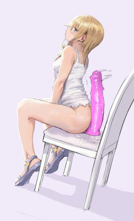 absurdres after_masturbation ass awesomeerix blonde-haired_female blonde_hair blue_eyes blush chair dildo dildo_reveal dress female highres huge_dildo kingdom_hearts kingdom_hearts_chain_of_memories medium_hair namine no_panties open_toe_shoes pussy pussy_juice sandals sex_toy short_dress simple_background sitting solo sweat