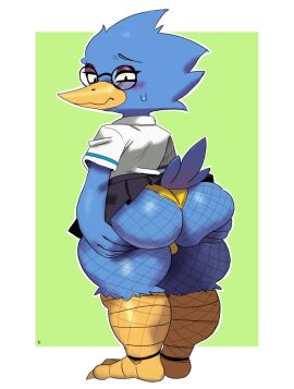 berdly big_ass bird blue_bird blue_feathers embarassed feathers flushed glasses grabbing_ass grabbing_own_ass nervous school_uniform simple_background teztaz yellow_panties