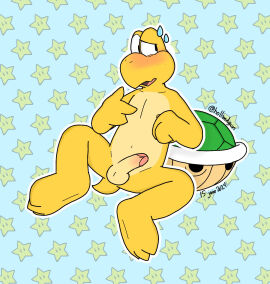 anthro balls barefoot blush casual_nudity erection feet freckled_face freckles genitals green_koopa_troopa hi_res humanoid_genitalia humanoid_penis koopa koopa_troopa male manchotchaud mario_(series) navel nintendo nipples non-mammal_navel non-mammal_nipples nude open_mouth penis reptile scalie solo spread_legs spreading super_mario_bros. tail toes toony
