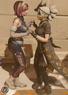 2girls 3d antifragile_dazzle ass big_ass big_breasts big_butt big_thighs breasts d.va female female_only hashimoto_kiriko image_set kiriko_(overwatch) le_sserafim light_skin long_hair medium_breasts mirrorwatch multiple_females multiple_girls overwatch overwatch_2 petrification petrified pink_hair ponytail short_hair stone_body stone_skin trsensualstudio watermark white_hair