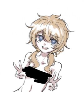 1girls blonde-haired_female blonde_female blonde_hair blonde_hair_female blue_eyes censor_bar censored censored_breasts crying crying_with_eyes_open danganronpa_another fanganronpa female female_only heart heart-shaped_pupils inori_kanata only_female peace_sign petite petite_body petite_female tear tears twintails wavy_hair white_background