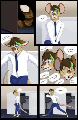 2023 absurd_res anthro barefoot blush bulge caraluca clothed clothing comic digital_media_(artwork) digital_painting_(artwork) dipstick_tail duo embarrassed english_text erection erection_under_clothing expressions eyewear feet felid feline female feral fluffy fluffy_tail flustered fur glasses hair hellcat hi_res inside luca_(artist) lulu_(69rainbowfox69) male male/female mammal markings mouse murid murine office pantherine predator/prey rodent speech_bubble spots spotted_body spotted_fur tail tail_markings teeth text