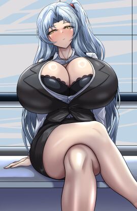 alternate_version_at_source angela_(lobotomy_corporation) bare_legs bare_thighs big_breasts big_cleavage black_bra blue_hair blush breasts breasts_bigger_than_head breasts_out_of_clothes breasts_popping_out button_down_shirt button_pop crossed_legs emotionless emotionless_female female huge_breasts huge_cleavage indifference indifferent lobotomy_corporation lv_lunatic massive_breasts pencil_skirt project_moon skirt solo tagme tight_skirt unamused unbothered uncaring unenthusiastic yellow_eyes