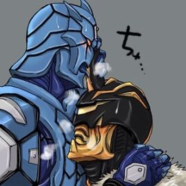 1_horn 2boys 3_horns armor armored_male bear blue_armor blue_tongue blush eyeless eyeless_face eyeless_male fur_clothing gay heavy_breathing holding_horn holding_partner horn_lick imagin japanese_text kamen_rider kamen_rider_den-o_(series) kintaros licking licking_horn light_blush male male/male male_focus male_only onomatopoeia orange_eyes sweatdrop tongue tongue_out turtle urataros yaoi yellow_armor yellow_eyes