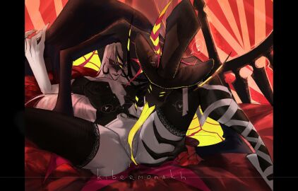 1boy 1girls bedroom carmilla_carmine cunnilingus demon female glowing_tongue hazbin_hotel kibermonach licking_pussy long_tongue male pussy spider spider_humanoid white_hair zestial