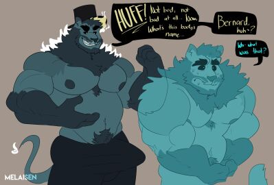 2022 absurd_res anthro bara beard bernard_(melaisen) big_bulge black_clothing black_hat black_headwear black_sclera black_top_hat bodily_fluids bulge clothed clothing dialogue digital_drawing_(artwork) digital_media_(artwork) erection erection_under_clothing facial_hair felid ghost grey_background grin hat headgear headwear hi_res huge_bulge male mammal melaisen muscular muscular_anthro muscular_male nervous nervous_sweat nipples pantherine portrait possession pubes simple_background smile solo spirit standing sweat tail teal_beard teal_facial_hair teal_nipples teal_pubes teal_tail teeth tenting text three-quarter_portrait top_hat topless topless_anthro topless_male yaoi yellow_eyes yellow_text