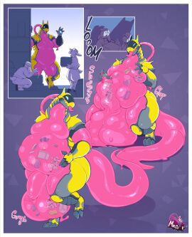 absurd_res android anthro balls belly big_balls big_belly big_penis cock_vore endosoma erection genitals hi_res machine male meganemausu penile penis pink_body robot safe_vore scalie size_difference synth_(vader-san) tail tongue tongue_out vore yellow_body