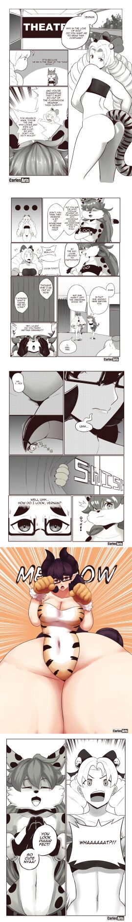 3girls black_and_white breasts carlosgizza colored comic dialogue doujinshi dragon_horns female furry glasses lilian_(carlosgizza) long_image multiple_females multiple_girls ojou-sama onomatopoeia starletta_(carlosgizza) stitched text thick_thighs thighs trying_on_clothes vernan_(carlosgizza) wide_hips year_of_the_tiger