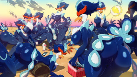 ass beach beach_ball beach_towel big_ass big_breasts bird bouncing_breasts breasts clones fell_down female furry huge_ass looking_at_viewer nintendo no_source orange-peel pokemon public public_sex pussy quaquaval vagina