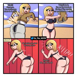 almost_naked ass attack_on_titan beach blonde_hair breasts comic embarrassed female historia_reiss imminent_nudity oz_the_freak page_1 panties ripped_clothing ripping_undies shingeki_no_kyojin spongebob_reference torn_panties underwear wardrobe_malfunction
