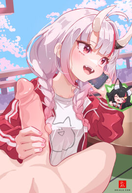 1boy 2girls artist_logo artist_name blue_sky braid breasts cellphone chibi chibi_inset clothed_female_nude_male commentary dr-alu english_commentary erection eyelashes female gradient_hair grey_hair handjob holding holding_phone hololive hololive_gamers hololive_gen_2 hololive_japan horns jacket male multicolored_hair multiple_females multiple_girls nail_polish nakiri_ayame nakiri_ayame_(7th_costume) nude official_alternate_costume official_alternate_hairstyle oni ookami_mio ookami_mio_(1st_costume) open_clothes open_jacket open_mouth outdoors penis phone pink_hair pink_nails red_eyes red_hair red_jacket shadow shirt sidelocks sky small_breasts smartphone straight streaked_hair talking_on_phone teeth track_jacket twin_braids uncensored upper_teeth virtual_youtuber web_address white_shirt