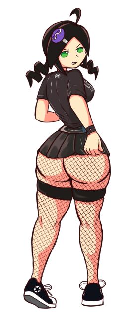 1girls andou_ringo ass ass_bigger_than_skirt bat_bastard belt big_ass big_breasts black_hair black_lipstick breasts bubble_ass bubble_butt converse_shoes drawthread_request drill_hair female female_only fishnet_legwear fishnet_pantyhose fishnets goth gothified green_eyes lipstick looking_back makeup massive_ass miniskirt nine_inch_nails puyo_puyo puyo_puyo_fever revealing_clothes sega shoes skirt sneakers thick_thighs twin_drills white_background wide_hips