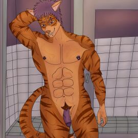 absurd_res animal_humanoid anthro bathroom cat_humanoid domestic_cat felid felid_humanoid feline feline_humanoid felis fur genitals hi_res humanoid male mammal mammal_humanoid matthew_dias orange_body orange_fur penis piercing shower solo yuki_shepard