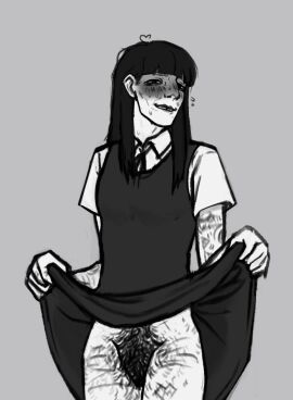 1girls bangs biting_lip blush body_hair centi_laika clothing_lift dress_lift dress_up fear_and_hunger fear_and_hunger:_termina female flashing flashing_pussy hairy hairy_female hairy_pussy long_lair monochrome nervous nervous_smile presenting pussy samarie_(fear_and_hunger) scars scars_all_over scars_on_arm scars_on_thighs solo stinky sweat sweating thighs
