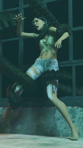 1girls 3d black_hair female original peril tentacle torn_clothes torn_pants torn_shirt ultimate-clash