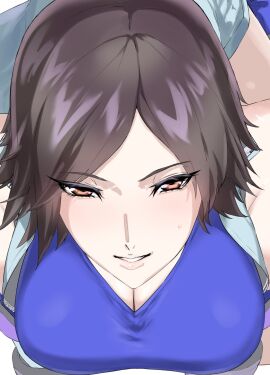 1girls 2d 2d_(artwork) asian asian_female big_breasts blush blushing_at_viewer breasts clothed clothed_female female female_fighter female_focus female_only fighter kazama_asuka kneeling kneeling_down kneeling_female light-skinned_female light_skin looking_at_viewer looking_up looking_up_at_viewer mogi_yasunobu moginiki pov pov_eye_contact submissive submissive_female tekken tomboy video_game_character