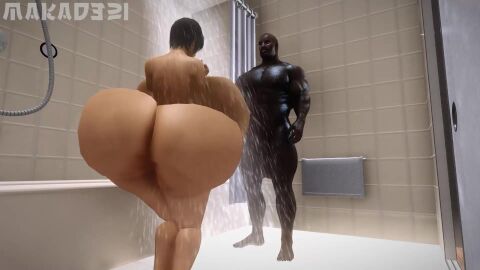 3d asian asian_female bimbo dark-skinned_male dialogue hyper hyper_breasts hyper_genitalia hyper_penis interracial makad321 muscular_male shaking_ass shaking_butt shower showering skyrim tagme video