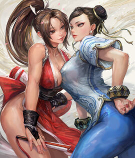 2girls akiman_pose asian asian_female bare_shoulders bracelet breasts breasts_pressed_against_partner brown_eyes brown_hair capcom catfight china_dress chinese_clothes chun-li cleavage commentary double_bun dress earrings eye_contact fatal_fury fatal_fury:_city_of_the_wolves female female_only fingernails fully_clothed gold_trim hair_bun hand_on_own_hip highres implied_yuri japanese_clothes jewelry king_of_fighters lips long_hair looking_at_another mai_shiranui medium_breasts michemashu multiple_females multiple_girls nail_polish ninja pants parted_bangs pelvic_curtain ponytail revealing_clothes rivalry rope short_sleeves simple_background sleeveless smile snk staredown street_fighter street_fighter_6 thighs
