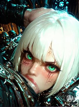 1boy 1girls adepta_sororitas ai_animation ai_generated alberist armored_female balls_deep bangs blue_eyes bob_cut church clothed cum deepthroat dripping facial_scar fellatio head_grab large_penis looking_at_viewer makeup penis pov saliva scar scar_over_eye solo_focus straight tagme teal_eyes thick_lips video warhammer_40k white_hair