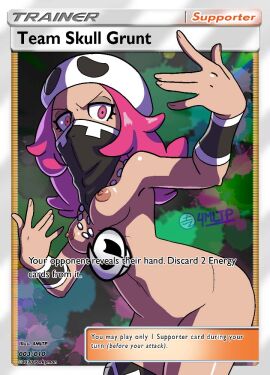 1girls 4mltp breasts brown_body casual chains dark_nipples dark_skin female human medium_breasts musk nipples nonsexual nonsexual_nudity nude nude_edit nude_female nude_filter nudist pink_eyes pink_hair pokemon pokemon_card pokemon_sm pokemon_tcg team_skull team_skull_grunt team_skull_grunt_(female) trainer_card