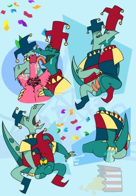 2_penises amusement_ride anal anal_fingering anthro balls bell black_eyes blazing_dragons bodily_fluids body_hair bottomless bottomless_anthro bottomless_male cheek_bulge cinder_(blazing_dragons) claws clinker_(blazing_dragons) closed_eyes clothed clothing clothing_lift confetti deep_throat detailed_background diphallia diphallism disembodied dragon duo erect_tail erection fellatio ferris_wheel finger_claws fingering food fool's_hat genitals half-closed_eyes hat headgear headwear hi_res holding_mouth holding_mouth_shut human hwantsarts jester kissing leg_hair leg_lick licking looking_pleasured male mammal masturbation multi_genitalia multi_penis multicolored_body multicolored_scales mythological_creature mythological_scalie mythology narrowed_eyes navel nelvana open_mouth oral oral_masturbation oral_penetration orgasm orgasm_face penetration penile penis penis_lick pink_body popcorn popcorn_bucket pubes raised_tail saliva saliva_string scales scalie sex shirt shirt_lift signature sitting spread_legs spreading sucking tail teal_body teal_scales tongue topwear two-tone_body two-tone_scales yelling yellow_sclera