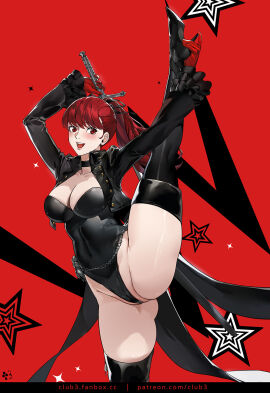 :d black_boots black_jacket black_leotard boots breasts cleavage club3 coattails female gloves highres jacket kasumi_yoshizawa large_breasts leotard long_hair looking_at_viewer open_mouth paid_reward_available partially_visible_vulva persona persona_5 persona_5_the_royal ponytail red_background red_eyes red_gloves red_hair smile solo split standing standing_on_one_leg standing_split sumire_yoshizawa sumire_yoshizawa_(violet) thigh_boots