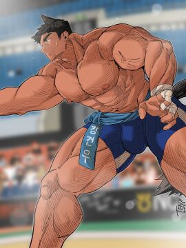 1boy bara big_bulge bulge clothing flaccid huge_bulge male male_focus male_nipples male_only muscular muscular_male nipples penis penis_outline solo solo_male ten_g89 tenji_(ten_g89) tight_clothing yaoi