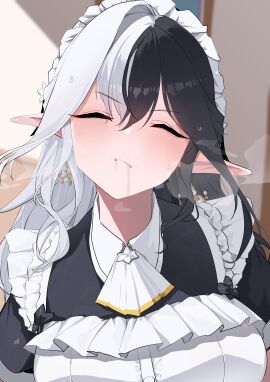 absurdres apron black_hair blush closed_eyes commission drooling earrings eileennoir female frown gloves gokkun highres indie_virtual_youtuber jewelry long_hair maid maid_apron maid_headdress multicolored_hair pointy_ears saliva short_sleeves skeb_commission solo swallowing sweat two-tone_hair virtual_youtuber white_apron white_gloves white_hair yanagui_yugi