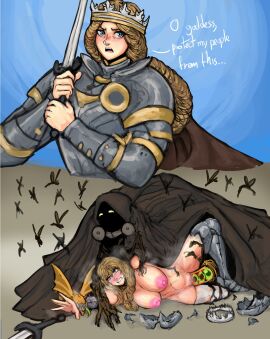 72hoka armor backhoka blush braid braided_hair commander_(pathfinder_wrath_of_the_righteous) crown crying dialogue egg_implantation female insects instant_loss instant_loss_2koma monster_rape oviposition pathfinder pathfinder_wrath_of_the_righteous pussy queen queen_galfrey reaching_for_weapon stomach_bulge swarm-that-walks vaginal_egg_implantation vaginal_oviposition vaginal_penetration virgin virginal_blood