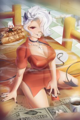 1boy 2d 2d_(artwork) 2girls bead_necklace beads big_breasts blurred_background blurry_background bone breasts bright bright_light chibi chocolate cigarette cigarette_box cigarette_burn cigarettes coffee coffee_mug collar cross demon demon_girl demon_horns demon_tail dish english english_text female helltaker hi_res high_resolution highres horns kitchen leash leash_and_collar lips_piercing long_tail looking_at_viewer make_up makeup male mango_artz messy_hair morning nails necklace newspaper nose_piercing one_eye_covered only_shirt pancake pierced_ears piercing piercings plates red_eyes red_shirt russian russian_text shirt short_hair sit sitting sitting_on_table smile smiling_at_viewer smoke smoke_from_mouth smoke_trail table tail wooden_chair wooden_table zdrada_(helltaker)