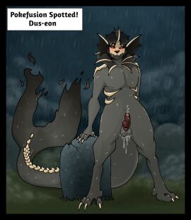 anthro balls black_hair black_nose blush bodily_fluids cel_shading claws cuntboy digitigrade dorsal_ridge ear_fins ejaculation fangs feet fin forked_tail full-package_cuntboy fur furry fusion genital_fluids genitals grey_body hair herm hermaphrodite humanoid intersex knot long_tail male maleherm membrane_(anatomy) multi_genitalia neck_fin nintendo paws penis pokefusion pokefusion_(puppetmaster13uwu) pokemon pokemon_(species) pokemon_fusion puppetmaster13uwu pussy pussy_juice raining red_eyes rib_bones shaded solo tail teeth text_box toes unusual_anatomy unusual_tail webbed_feet webbed_hands wet wet_body wet_fur